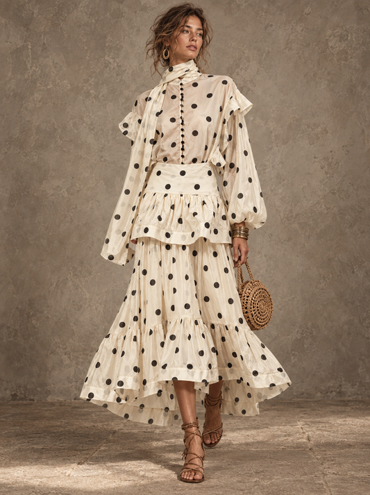 Cream Polka Dot Ruffle Midi Dress