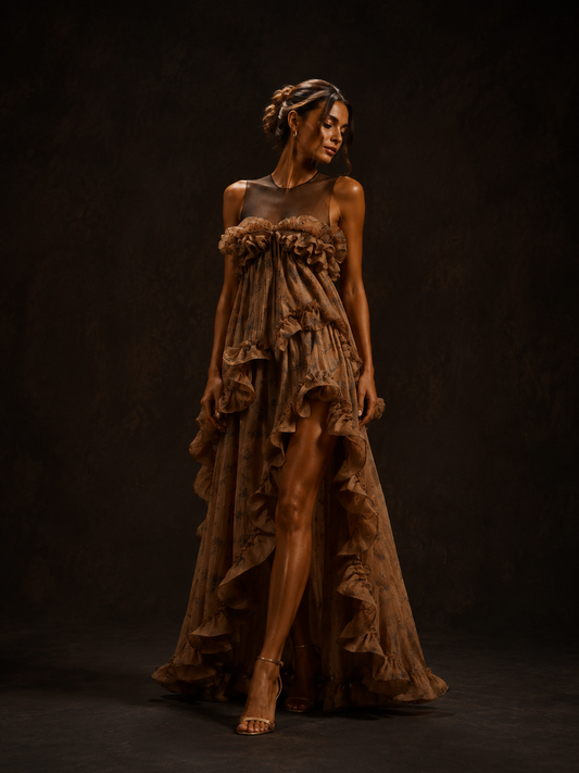 Bronze Sheer Yoke Tiered Ruffle Maxi Dress