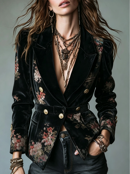 Black Floral Velvet Blazer