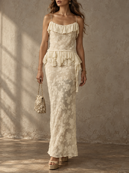 Cream Ruffle Textured Cami Maxi Dress