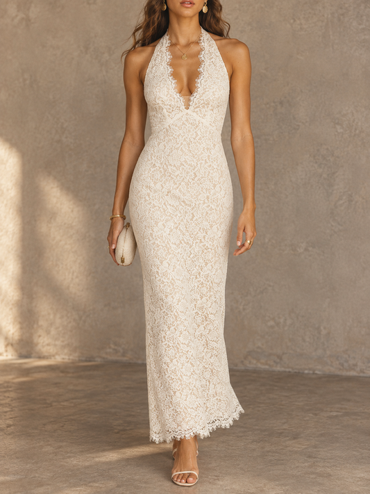 Cream Lace V-Neck Sleeveless Maxi Dress