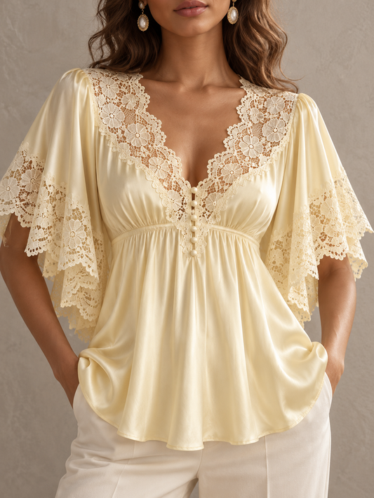 Yellow Satin Lace Trim V Neck Flowy Blouse