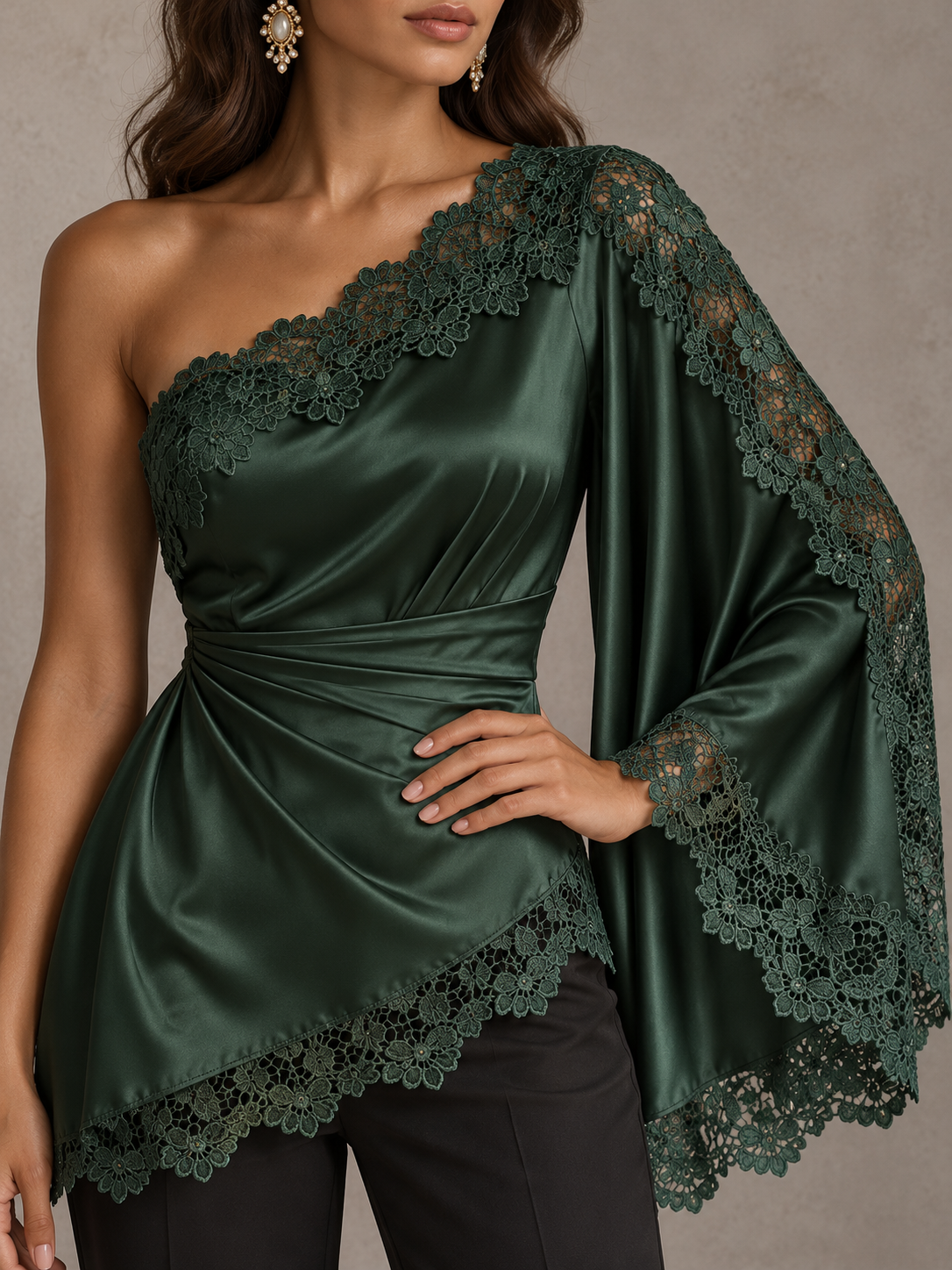 DarkGreen Satin Lace Trim One Shoulder Blouse