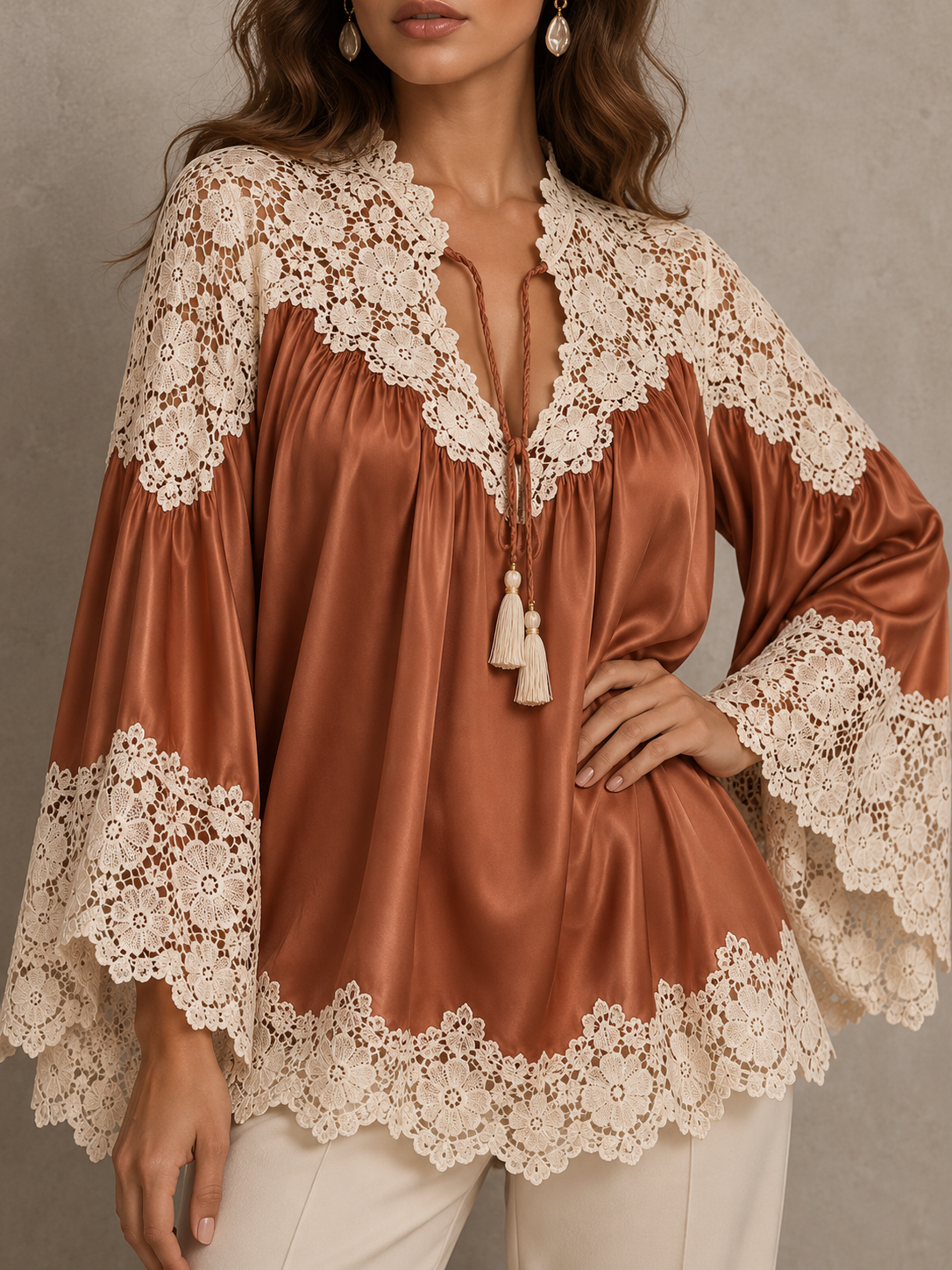 Rust Satin Lace Trim Bell Sleeve Blouse