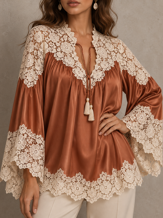 Rust Satin Lace Trim Bell Sleeve Blouse