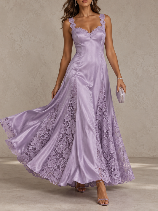 Lilac Satin Lace Trim Sleeveless Maxi Dress