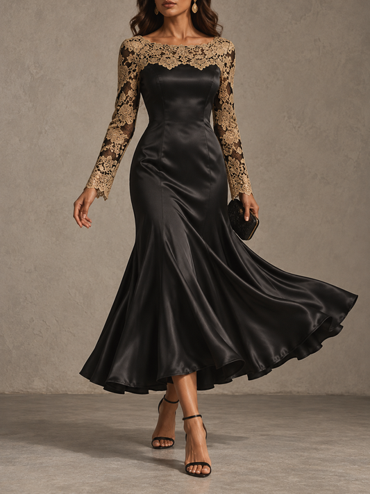 Black Satin Lace Trim Long Sleeve Mermaid Midi Dress