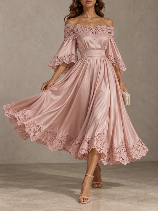 Pink Satin Lace Trim Off Shoulder Midi Dress
