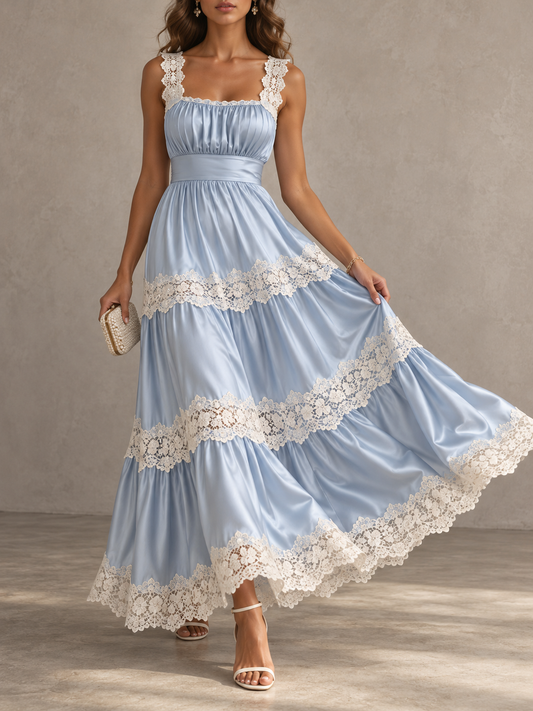 LightBlue Satin Lace Trim Tiered Maxi Dress