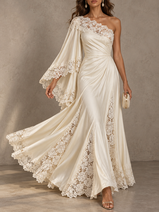 Cream Satin Lace Trim One Shoulder Maxi Dress