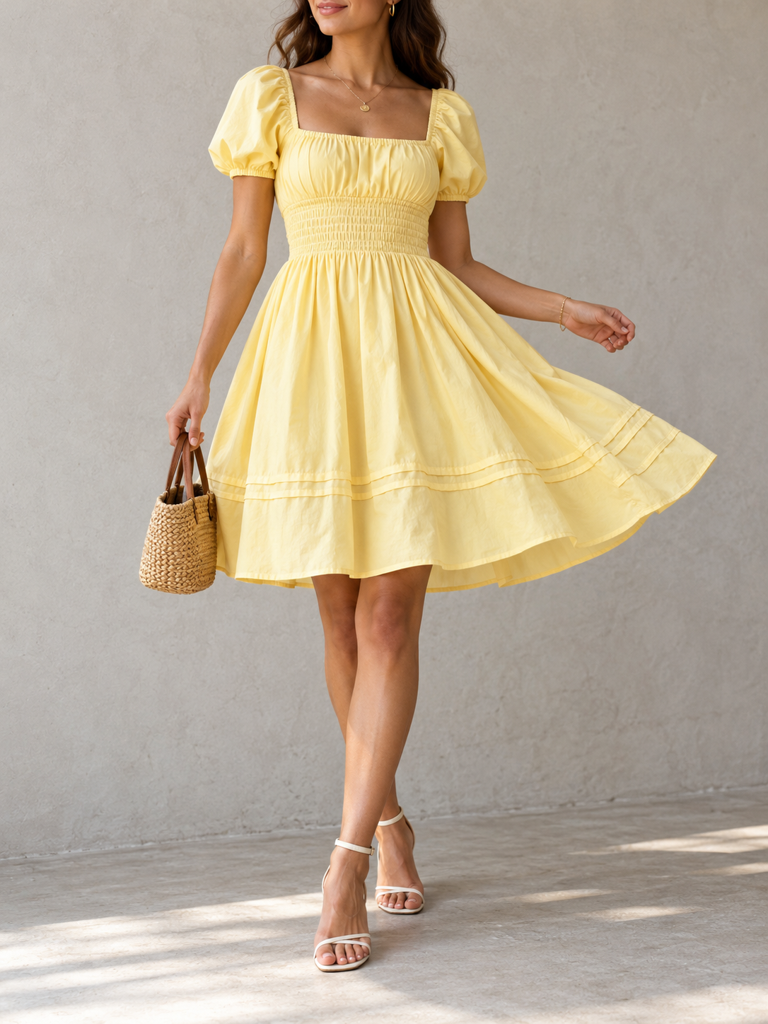 Yellow Smocked Bodice Puff Sleeve Mini Dress