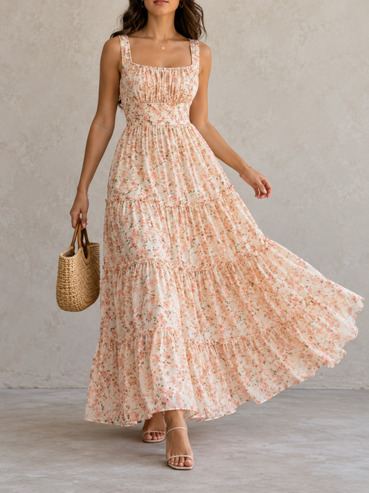Cream Floral Print Square Neck Tiered Maxi Dress
