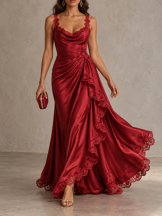 Burgundy Satin Lace Trim Sleeveless Maxi Dress