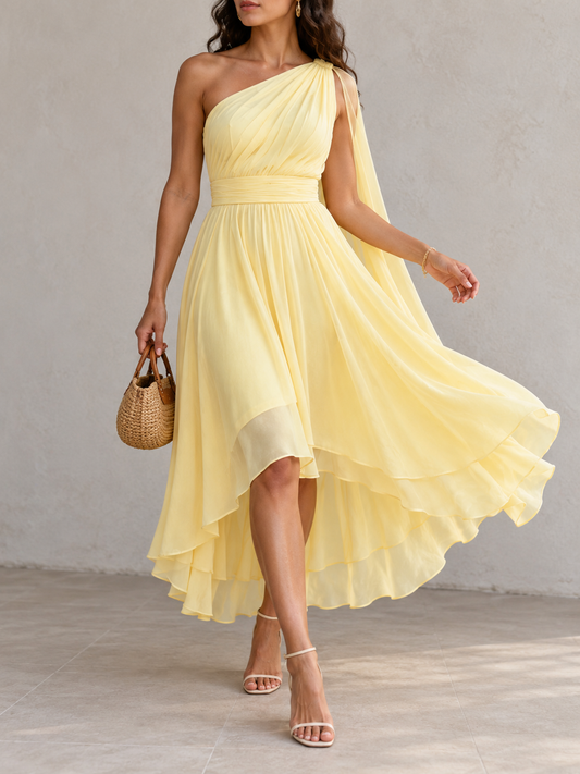 Yellow Chiffon One Shoulder Maxi Dress