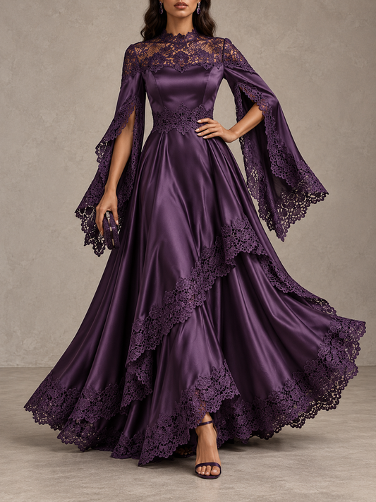 Purple Satin Lace Trim Long Sleeve Maxi Dress