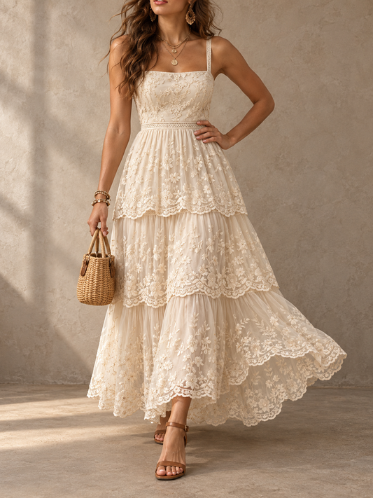 Cream Floral Embroidered Tiered Midi Dress