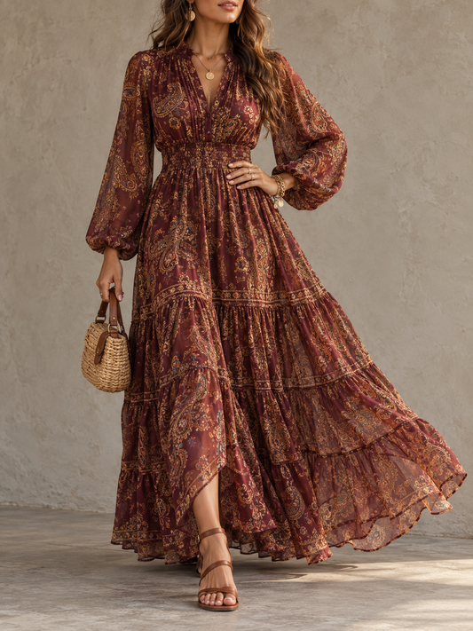 Burgundy Paisley Print Long Sleeve Tiered Maxi Dress
