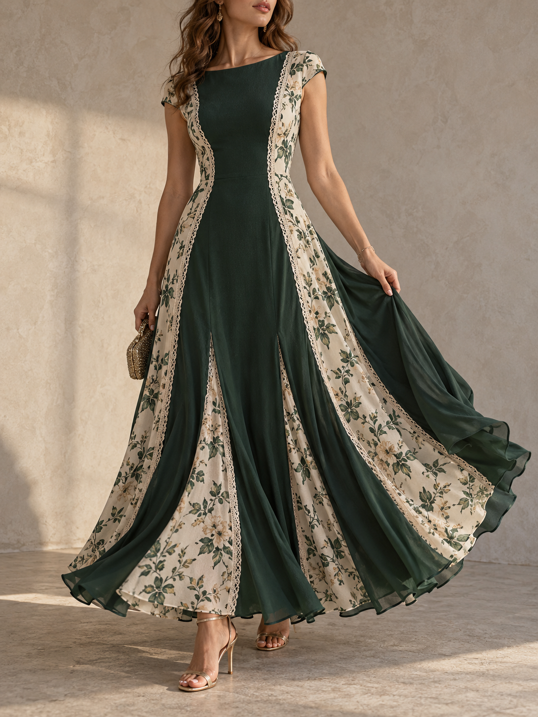 DarkGreen Floral Print Contrast Panel Maxi Dress