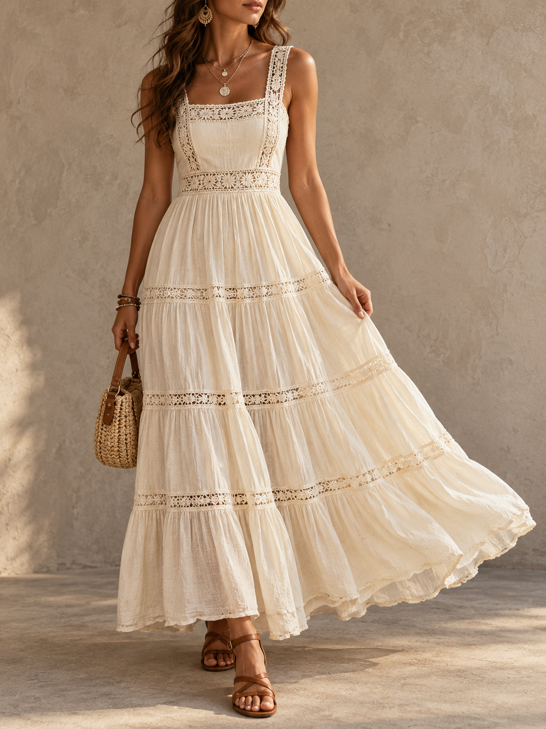 Ivory Button Front Tiered High Low Midi Dress