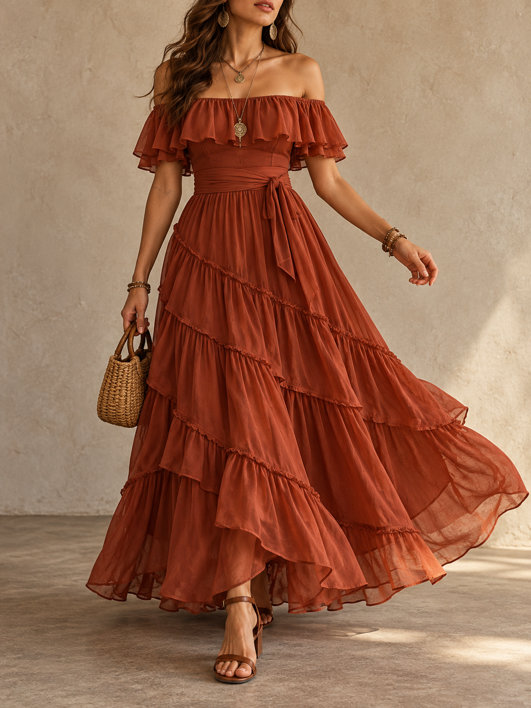 Rust Off Shoulder Ruffle Tiered Maxi Dress