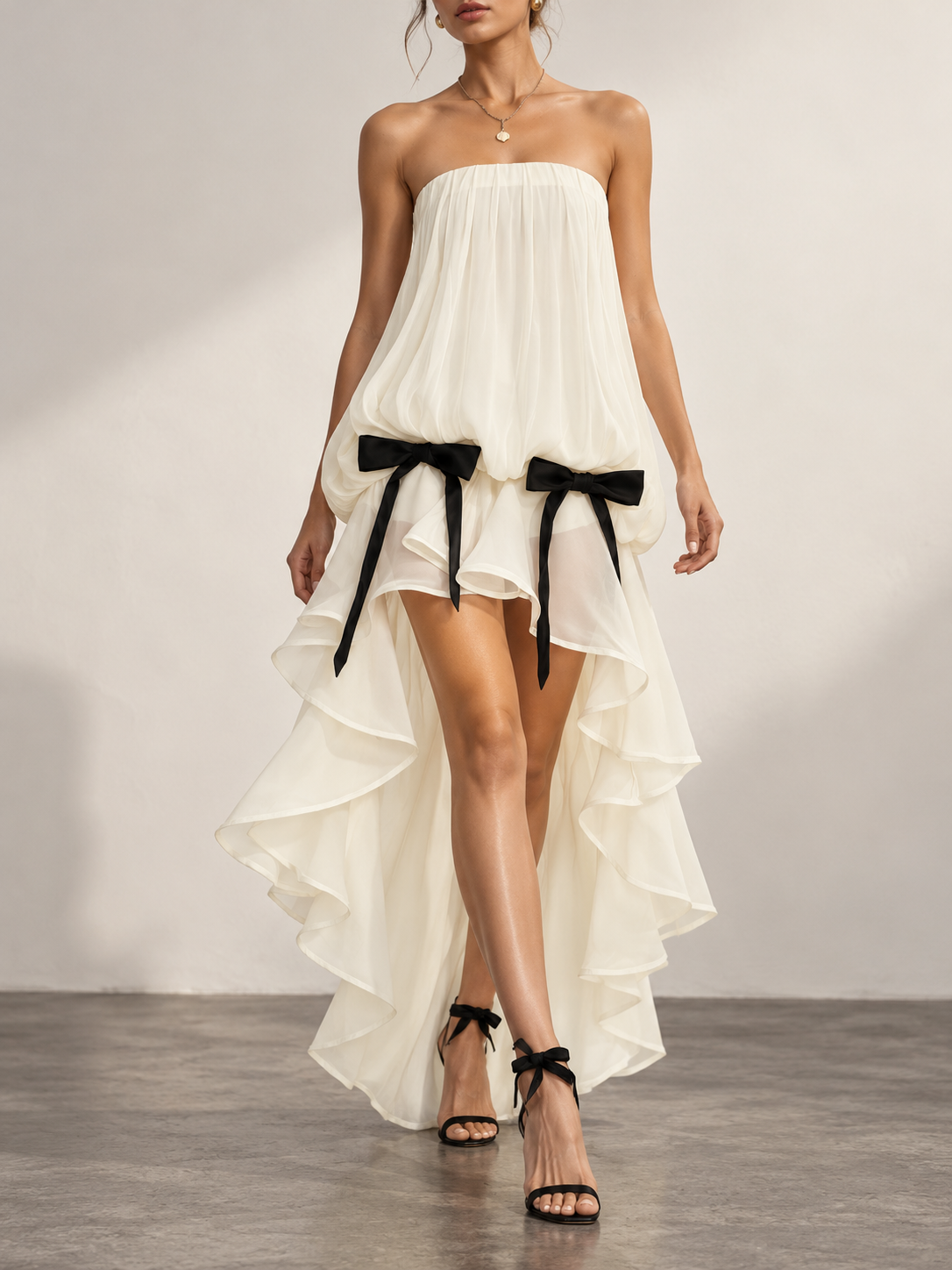 Cream Strapless Bubble Hem High Low Dress
