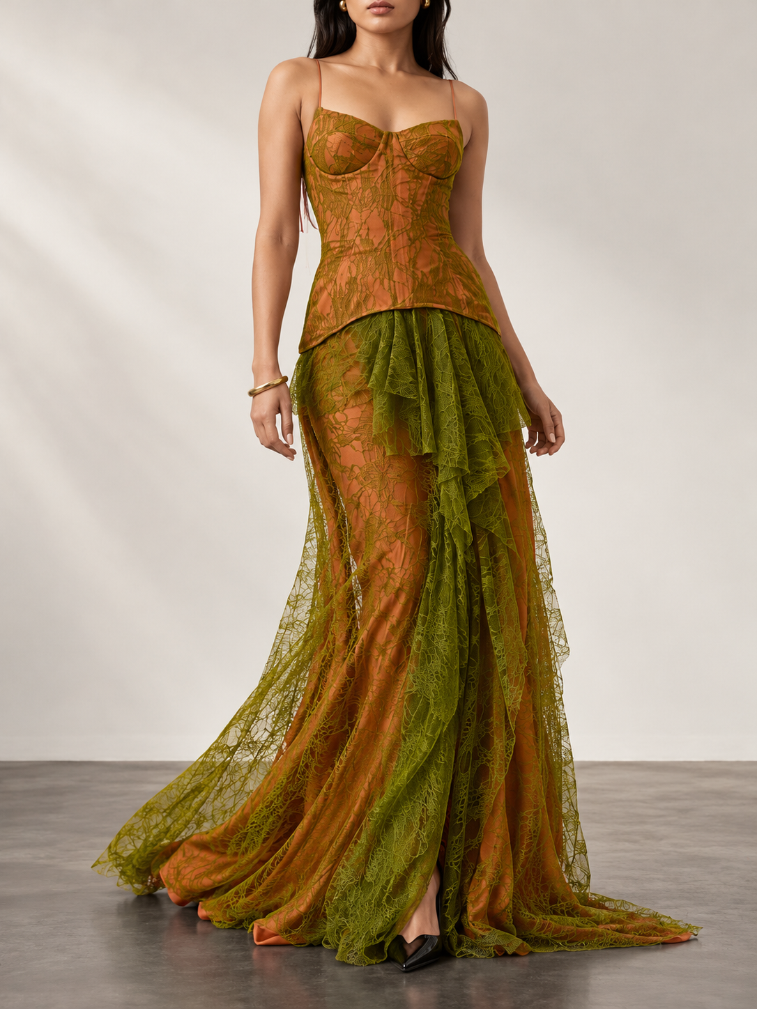 Orange Green Sheer Lace Tiered Maxi Dress