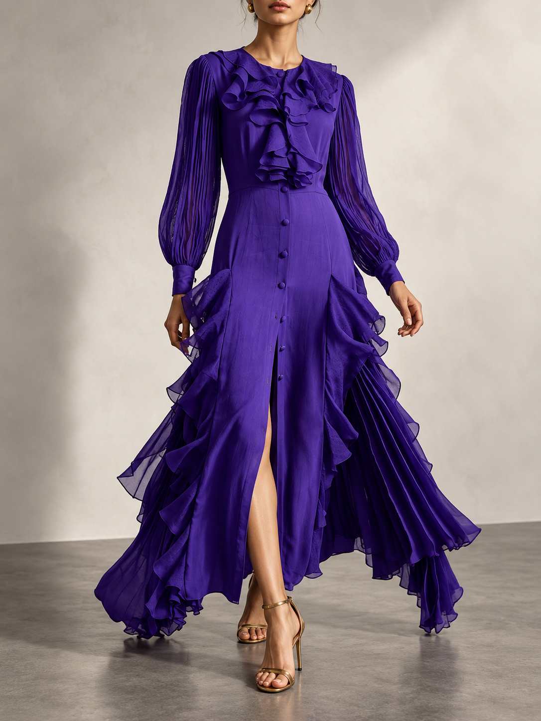 Purple Ruffle Front Long Sleeve Maxi Dress