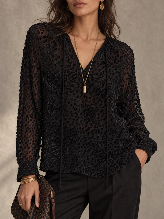 Black Sheer Polka Dot Tie Neck Blouse