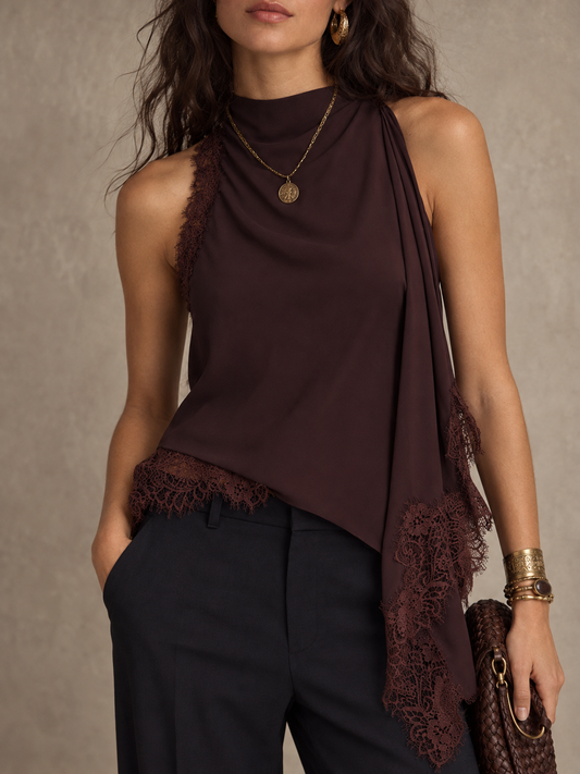Burgundy Lace Trim Draped Sleeveless Top