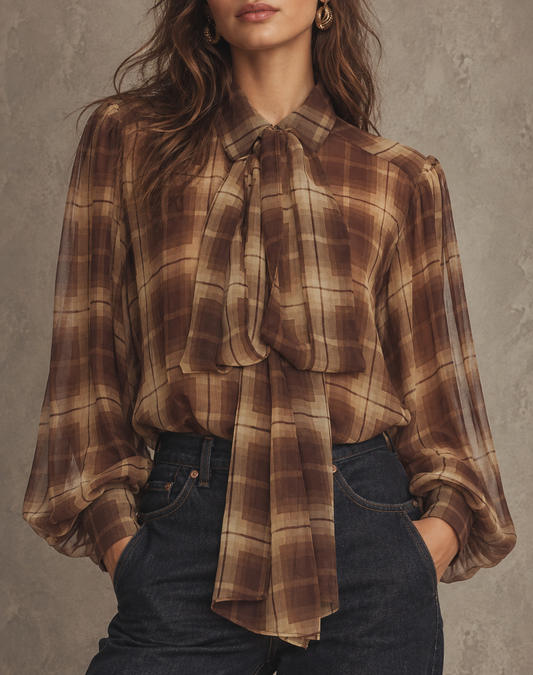 Brown Plaid Tie Neck Sheer Blouse