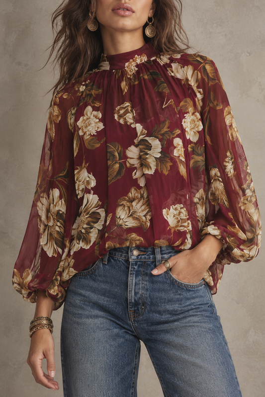 Burgundy Floral Print Sheer Blouse