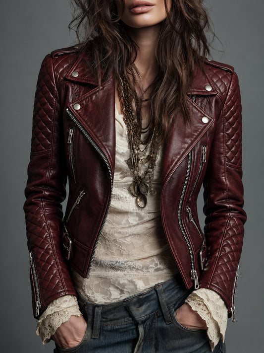 Burgundy Quilted Leather Biker Jacket