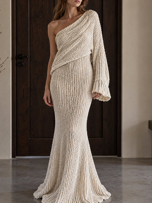 Cream Knit One Shoulder Mermaid Maxi Dress