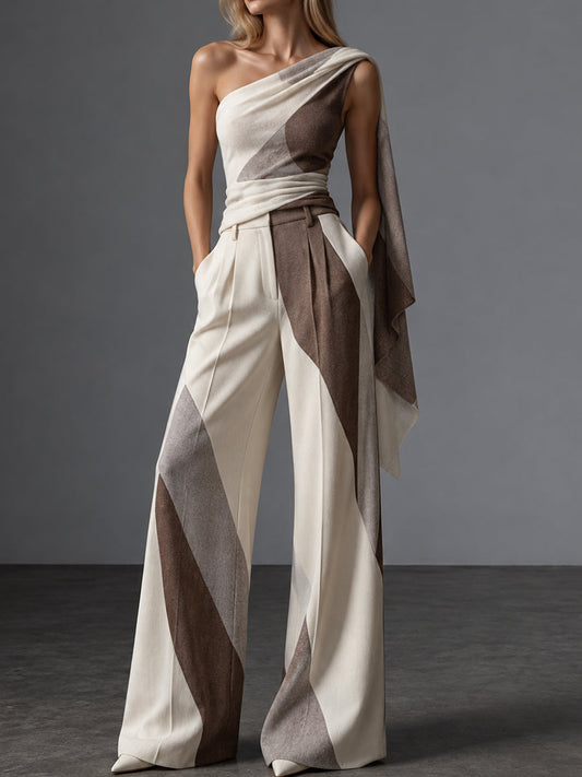 Cream Draped One Shoulder Wide Leg Pants Set
