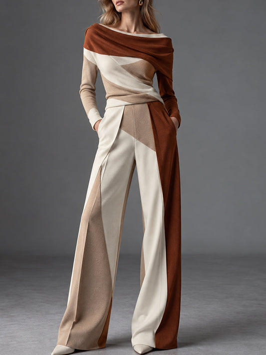 Brown Cream Color Block One Shoulder Wide Leg Pants Set