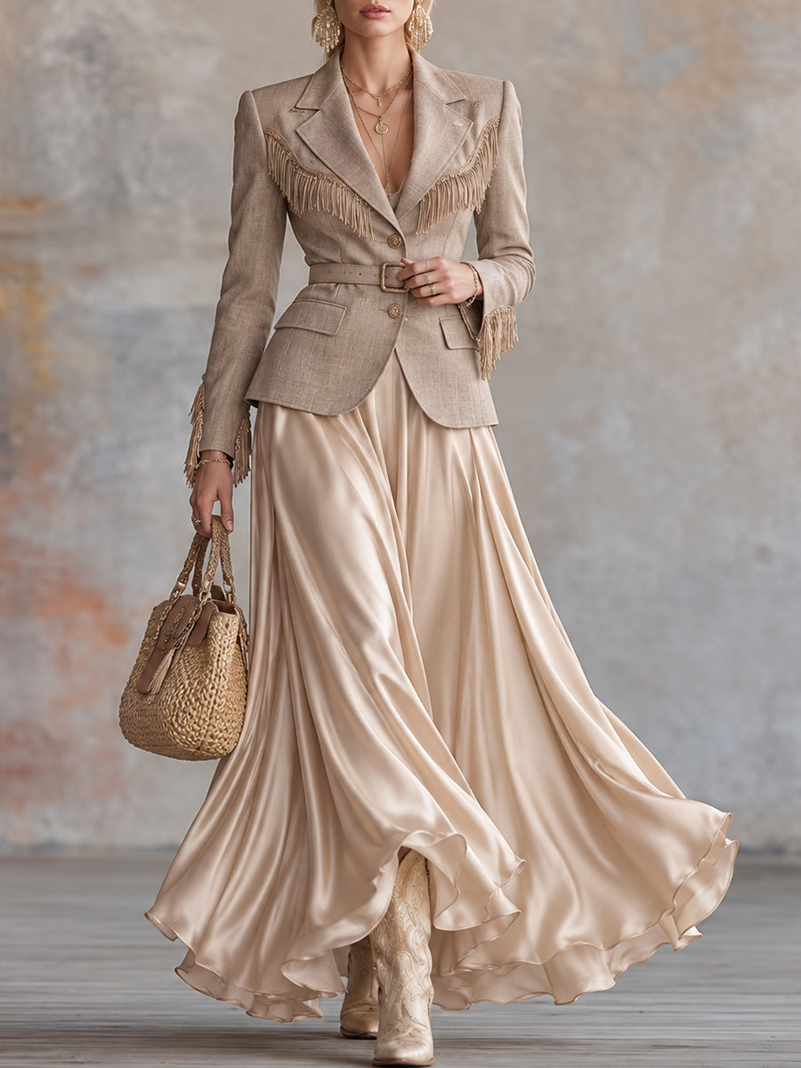 Beige Fringe Blazer and Satin Maxi Skirt Set