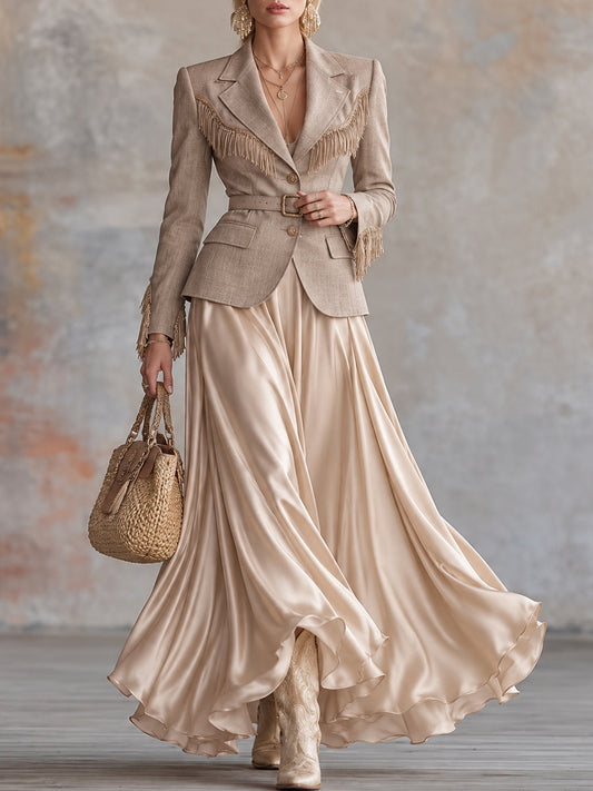 Beige Fringe Blazer and Satin Maxi Skirt Set