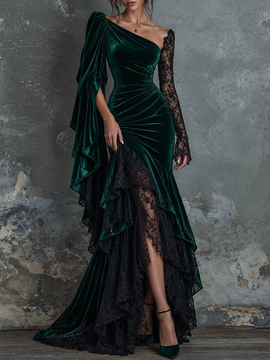 Green Velvet One Shoulder Lace Maxi Dress