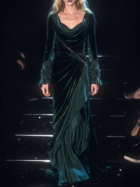 Green Velvet Draped Long Sleeve Maxi Dress