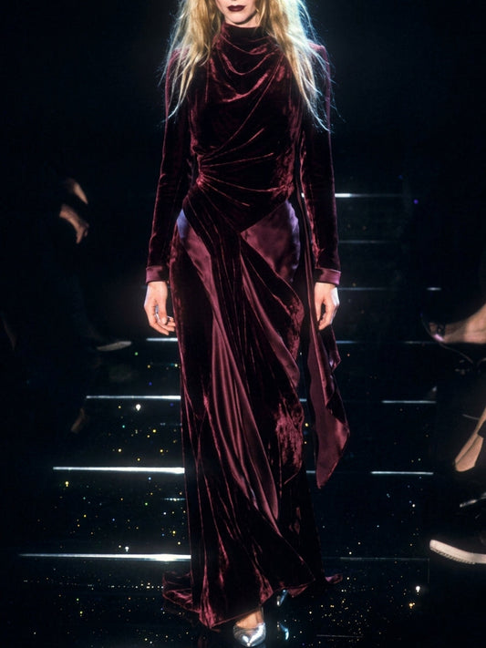 Burgundy Velvet Cowl Neck Long Sleeve Maxi Dress