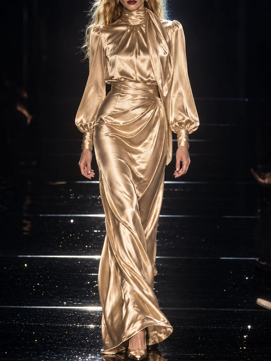 Gold Satin High Neck Draped Maxi Dress