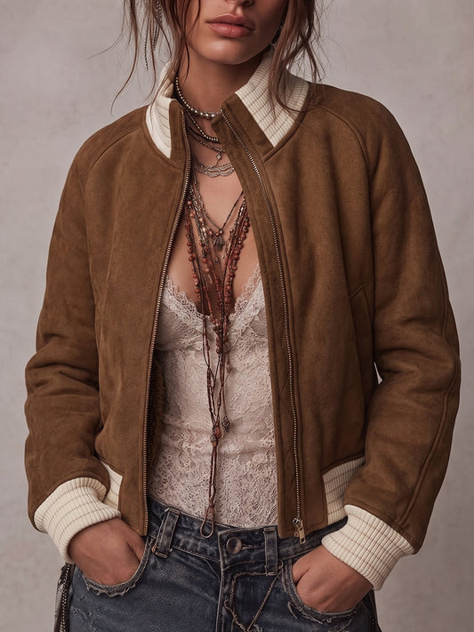 Camel Suede Contrast Trim Zip Front Jacket