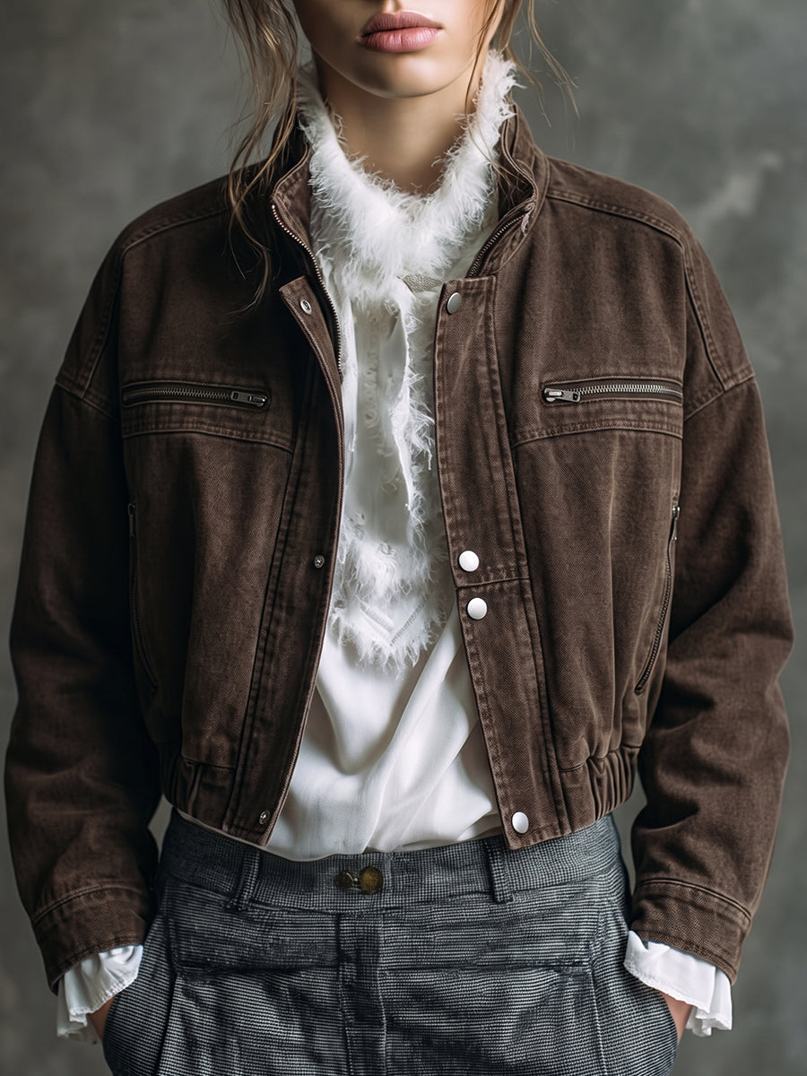 Brown Faux Fur Collar Moto Jacket
