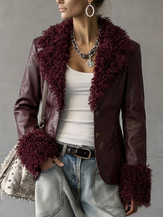 Burgundy Faux Fur Trim Open Front Jacket