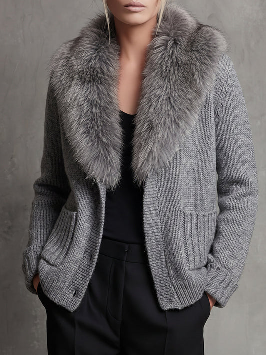 Grey Faux Fur Collar Ribbed Cardigan