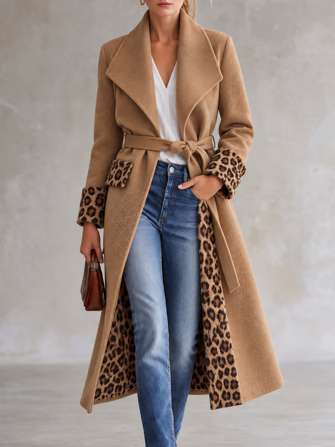 Camel Leopard Print Tie Waist Coat