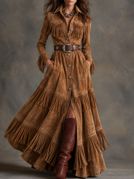 Camel Suede Fringe Button Front Maxi Dress