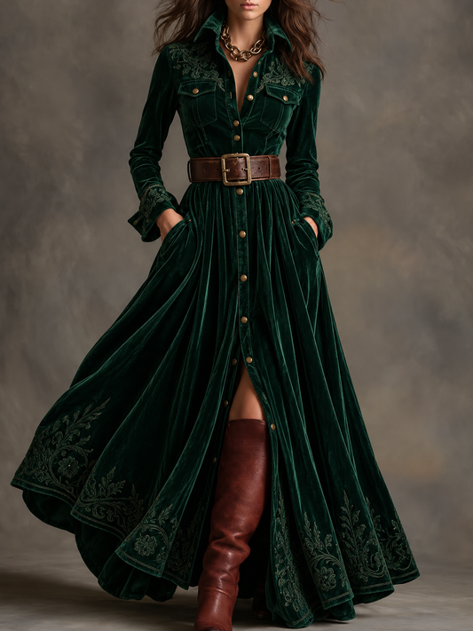 Green Velvet Button Front Fringe Maxi Dress