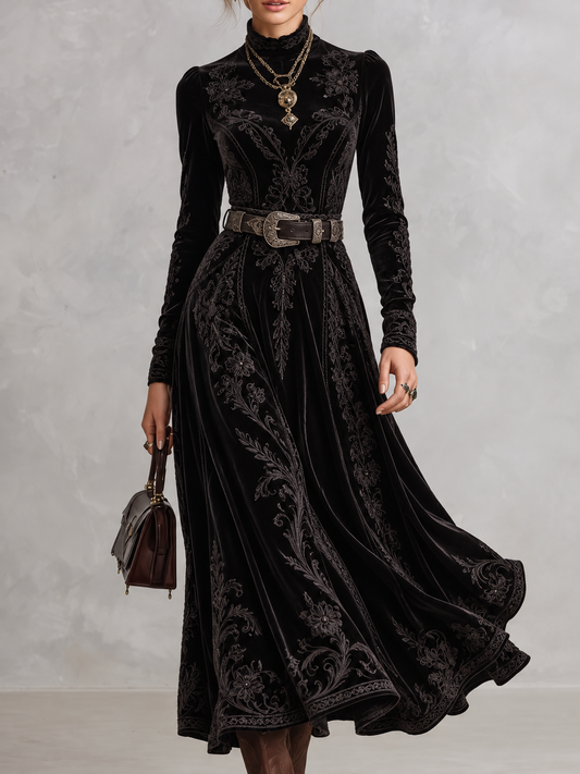 Black Embroidered Velvet Button Front Maxi Dress