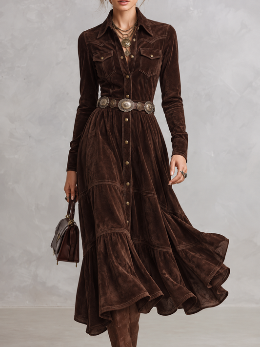 Brown Suede Button Front Midi Dress